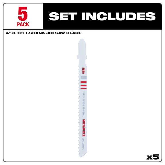 4' 8TPI T-Shank Metal Cutting Bi-Metal Jig Saw Blades, 5-Pack image number 1